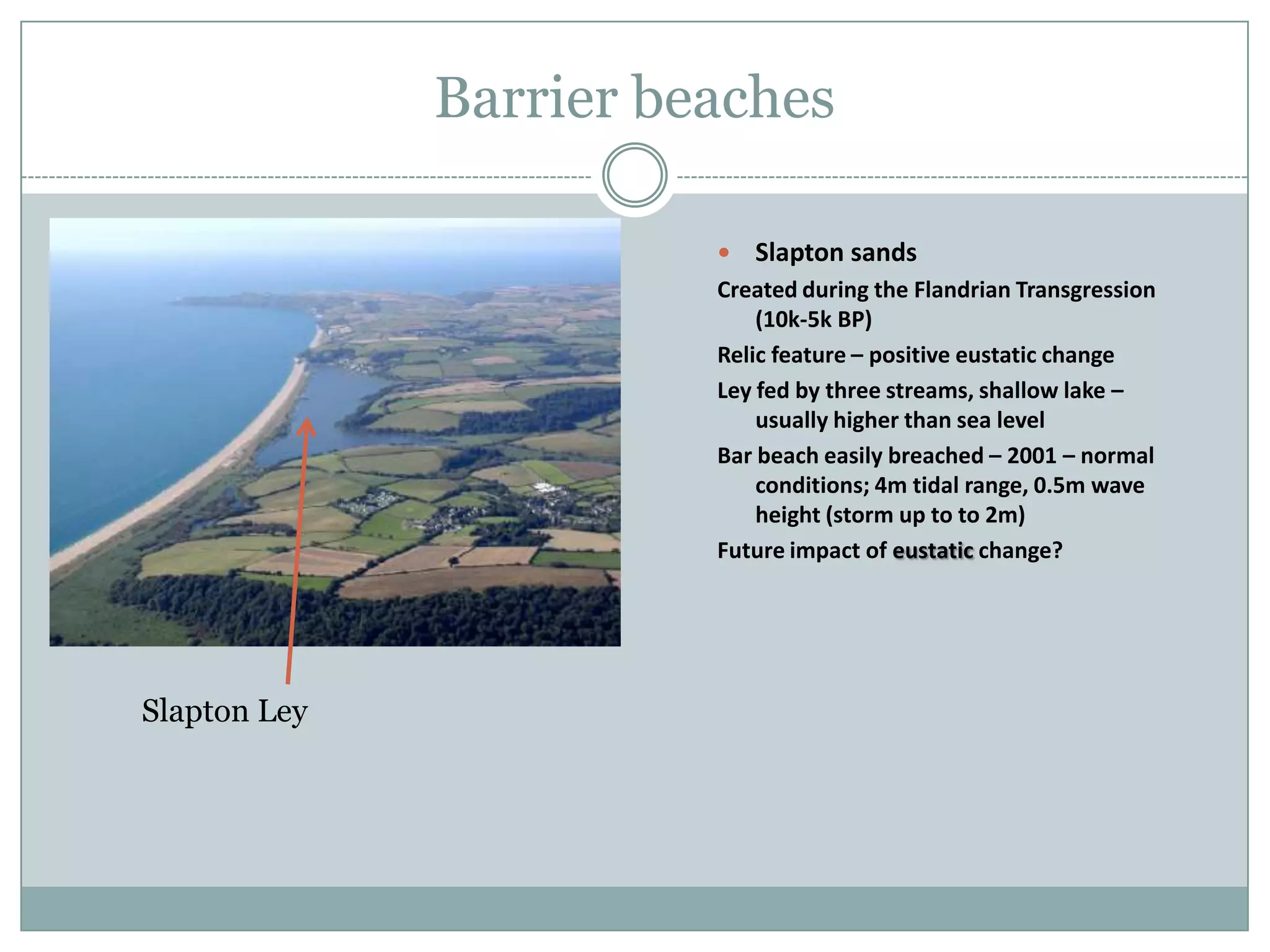 Barrier beaches

                           Slapton sands
                        Created during the Flandrian Transgression
                            (10k-5k BP)
                        Relic feature – positive eustatic change
                        Ley fed by three streams, shallow lake –
                            usually higher than sea level
                        Bar beach easily breached – 2001 – normal
                            conditions; 4m tidal range, 0.5m wave
                            height (storm up to to 2m)
                        Future impact of eustatic change?




Slapton Ley
 
