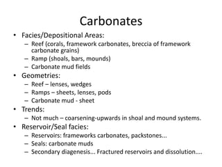 Carbonates
• Facies/Depositional Areas:
– Reef (corals, framework carbonates, breccia of framework
carbonate grains)
– Ramp (shoals, bars, mounds)
– Carbonate mud fields
• Geometries:
– Reef – lenses, wedges
– Ramps – sheets, lenses, pods
– Carbonate mud - sheet
• Trends:
– Not much – coarsening-upwards in shoal and mound systems.
• Reservoir/Seal facies:
– Reservoirs: frameworks carbonates, packstones...
– Seals: carbonate muds
– Secondary diagenesis... Fractured reservoirs and dissolution....
 