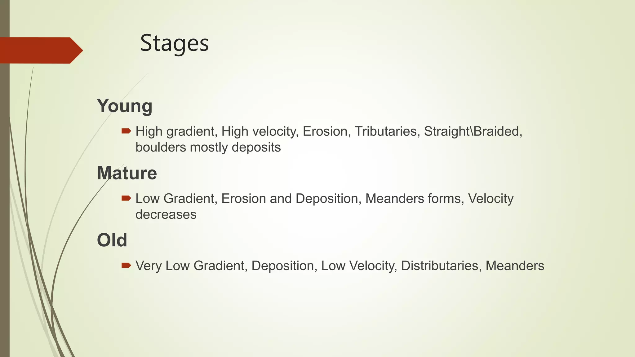 Stages
Young
 High gradient, High velocity, Erosion, Tributaries, StraightBraided,
boulders mostly deposits
Mature
 Low Gradient, Erosion and Deposition, Meanders forms, Velocity
decreases
Old
 Very Low Gradient, Deposition, Low Velocity, Distributaries, Meanders
 