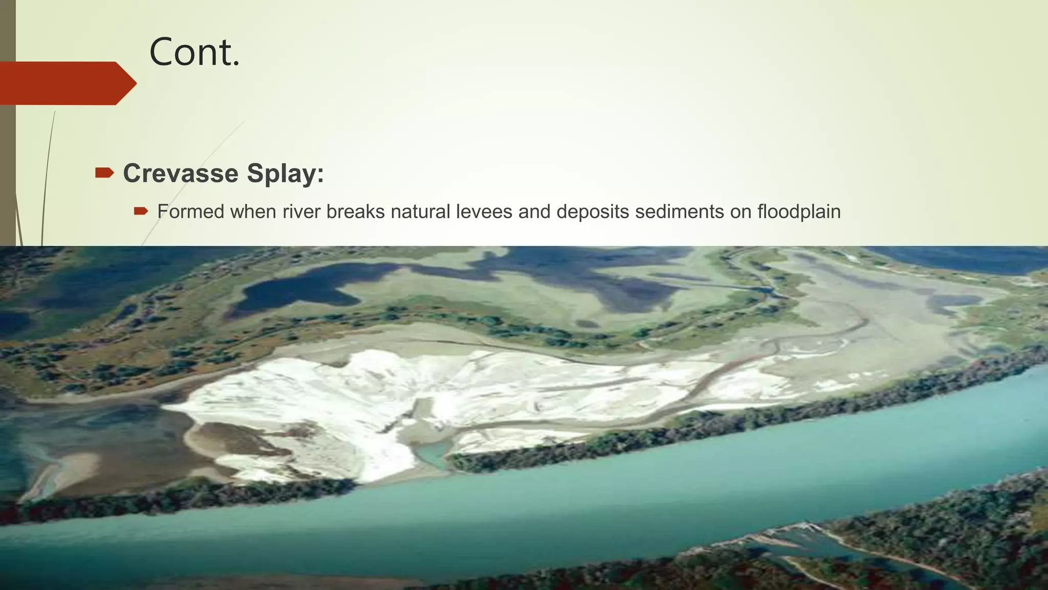 Cont.
 Crevasse Splay:
 Formed when river breaks natural levees and deposits sediments on floodplain
 