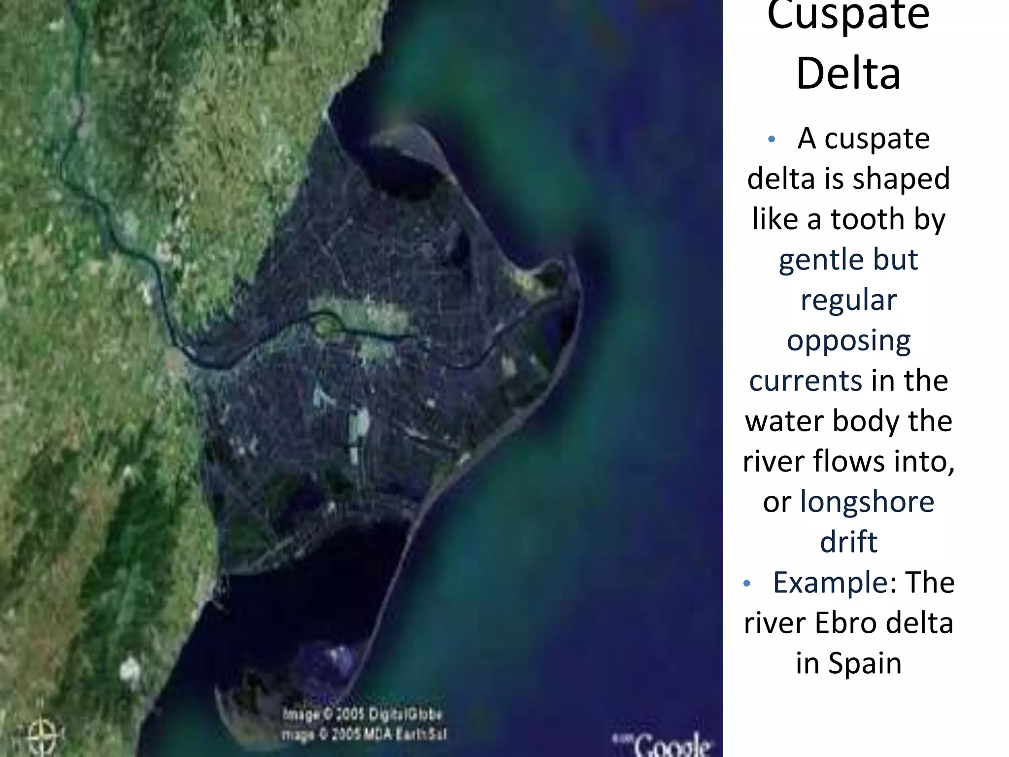 • A cuspate
delta is shaped
like a tooth by
gentle but
regular
opposing
currents in the
water body the
river flows into,
or longshore
drift
• Example: The
river Ebro delta
in Spain
Cuspate
Delta
 