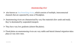Anastomosing river
 also known as Ana branching rivers, which consists of multiple, interconnected
channels that are separated by areas of floodplain.
 Anastomosing rivers are characterized by very fine materials (few sands and mud),
they’re dominated by suspended transport.
 They have very low gradients (almost flat plains).
 Flood plains on anastomosing rivers are very stable and lateral channel migration takes
place at very slow rates.
12/12/2023 41
 