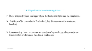  Deposition on anastomosing rivers.
 These are mostly seen in places where the banks are stabilized by vegetation.
 Positions of its channels are fairly fixed, but the new ones forms due to
flooding.
 Anastomosing river encompasses a number of upward aggrading sandstone
lenses within predominant floodplain mudstones.
12/12/2023 43
 