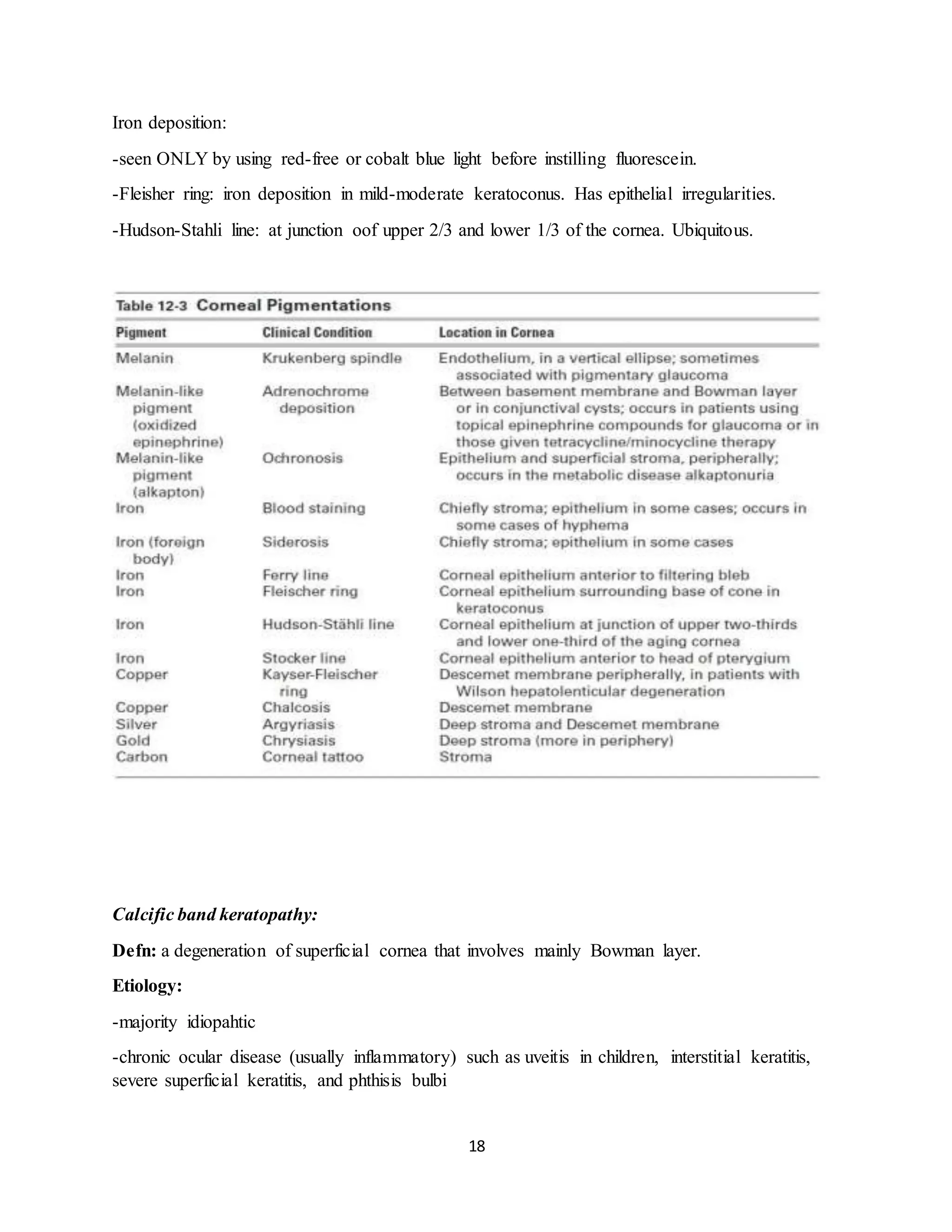 18
Iron deposition:
-seen ONLY by using red-free or cobalt blue light before instilling fluorescein.
-Fleisher ring: iron deposition in mild-moderate keratoconus. Has epithelial irregularities.
-Hudson-Stahli line: at junction oof upper 2/3 and lower 1/3 of the cornea. Ubiquitous.
Calcific band keratopathy:
Defn: a degeneration of superficial cornea that involves mainly Bowman layer.
Etiology:
-majority idiopahtic
-chronic ocular disease (usually inflammatory) such as uveitis in children, interstitial keratitis,
severe superficial keratitis, and phthisis bulbi
 