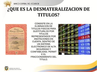¿QUE ES LA DESMATERALIZACION DE
            TITULOS?
            CONSISTE EN LA
             ELIMINACION DE
        TITULOS FISICOS PARA
           SUSTITUIRLOS POR
                 TITULOS
         REPRESENTADOS POR
            ANOTACIONES EN
          CUENTA, DENTRO DE
               UN SISTEMA
        ELECTRONICO DE ALTA
              SEGURIDAD Y
        CONFIABILIDAD, PERMIT
                   E EL
        FRACCIONAMIENTO DEL
                 TITULO.
 