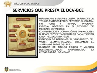 SERVICIOS QUE PRESTA EL DCV-BCE
           REGISTRO DE EMISIONES DESMATERALIZADAS DE
            TITULOS EMITIDOS POR EL SECTOR PUBLICO (MIN.
            FIN.-   CFN)     Y    PRIVADO     (PRONACA-
            FYBECA), INSCRITOS EN EL REGISTRO DE
            MERCADO DE VALORES.
           COMPENSACION Y LIQUIDACIÓN DE OPERACIONES
            BURSATILES Y EXTRABURSATILES GARANTIZANDO
            LA ENTREGA CONTRA PAGO.
           EJERCICIO DE DERECHOS AL VENCIMIENTO DEL
            VALOR   DESMATERIALIZADO,   UTILIZANDO   EL
            SISTEMA DE PAGOS DEL BCE.
           CUSTODIA DE TITULOS FISICOS Y VALORES
            DESMATERALIZADOS,      GARANTIZANDO      LA
            INTEGRIDAD DE LOS MISMOS.
 