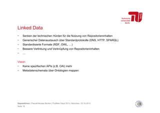 Linked Data
- 

Senken der technischen Hürden für die Nutzung von Repositorieninhalten

- 

Generischer Datenaustausch über Standardprotokolle (DNS, HTTP, SPARQL)

- 

Standardisierte Formate (RDF, OWL, …)

- 

Bessere Verlinkung und Verknüpfung von Repositorieninhalten

- 

…

Vision:
- 

Keine spezifischen APIs (z.B. OAI) mehr

- 

Metadatenschemata über Ontologien mappen

DepositOnce | Pascal-Nicolas Becker | PubMan Days 2013 | München, 23.10.2013
Seite 16

 