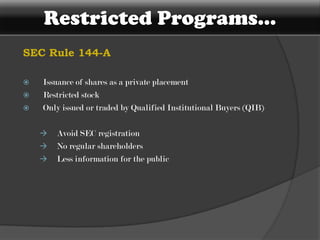 Types...a) Unsponsored DRIssued by one or more depositoriesBased on market demandTrade on the „over-the-counter“ marketNo formal agreementb) Sponsored DRDesignated depository acting as ist transfer agencyDeposit Agreement or service contractControl over facilitiesThree levelsTwo restricted programs