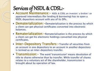 Services of NSDL & CDSL:-
Account Maintenance:-
Dematerialization:-
Rematerialization:-
Inter-Depository Transfers:-
Transmission:-