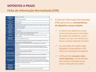 DEPÓSITOS A PRAZO
5
Ficha de Informação Normalizada (FIN)
• A Ficha de Informação Normalizada
(FIN) apresenta as características
do depósito a prazo simples.
 A maioria dos depósitos a prazo
comercializados pelas instituições
de crédito são depósitos a prazo
simples, ou seja, com taxa de juro
fixa ou variável indexada à Euribor.
 As instituições de crédito estão
obrigadas a disponibilizar a FIN
antes da contratação do depósito.
 A FIN permite comparar entre
vários depósitos, comercializados
pela mesma instituição ou por
outras instituições de crédito.
Designação Depósito a Prazo ABC
Condições de
acesso Novos clientes particulares
Modalidade Depósito a prazo
Prazo Prazo de 1 ano.
Mobilização
antecipada
O depósito permite mobilização antecipada total ou parcial a qualquer momento, com
penalização total de juros.
Renovação Não permite renovação.
Moeda Euro
Montante Mínimo: €100
Reforços Não admite reforços, isto é, entregas adicionais de fundos.
Taxa de
remuneração
TANB(1) = 0,800% (1) Taxa Anual Nominal Bruta
TANL(2) =0,576% (2) Taxa Anual Nominal Líquida, calculada com base na taxa de
imposto de 28%
Regime de
capitalização Não permite capitalização de juros.
Cálculo de juros
Base Actual/360. O montante de juros calculados será arredondado, por excesso ou
por defeito, para o cêntimo mais próximo.
Pagamento de juros
Pagamento de juros no vencimento. Os juros são creditados na conta à ordem
associada.
Regime fiscal
Juros passíveis de IRS, por retenção na fonte, à taxa liberatória de 28%. Para os
depositantes com domicílio fiscal nos Açores o imposto será reduzido em 20% em
sede de IRS.
Esta informação é um resumo do regime fiscal em vigor à data de constituição e não
dispensa a consulta da legislação aplicável.
Outras condições Não aplicável.
Garantia de capital
Capital totalmente garantido na data de vencimento ou em caso de mobilização
antecipada.
Fundo de Garantia
de Depósitos
Os depósitos constituídos no Banco ABC beneficiam da garantia de reembolso
prestada pelo Fundo de Garantia de Depósitos (Fundo) até ao valor máximo de
€100.000 por cada depositante sempre que ocorra a indisponibilidade dos depósitos
por razões diretamente relacionadas com a sua situação financeira. Para informações
complementares consulte o endereço www.fgd.pt.
Instituição
depositária Banco ABC
Validade das
condições As condições da presente FIN encontram-se em vigor até 30/10/2015.
 