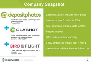 2
Company Snapshot
• Leading & fastest growing micro photo
stock company, founded in 2009!
• Over 25 million media assets (photos,
images, videos)!
• 30K media assets added daily!
• > 200 employees in New York + Kiev &
sales offices in Milan, Warsaw & Moscow
Royalty-free stock photos, vector images and
videos marketplace!
Founded 2009
Mobile community where users earn money
leveraging their photography skills!
Launched in March 2013
Online magazine about photography as a
business!
Launched in 2014