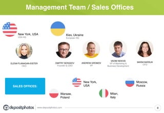 Management Team / Sales Offices
6
ELENA FLANAGAN-EISTER!
CEO
ANDREW GROMOV!
VP
VADIM NEKHAI!
VP of Marketing &!
Business Development
MARIA BARSUK!
CFO
New York, USA!
USA HQ
Kiev, Ukraine!
European HQ
DMITRY SERGEEV!
Founder & COO
Warsaw, !
Poland!
Milan, !
Italy!
Moscow, !
New York, !
USA!
SALES OFFICES: Russia!