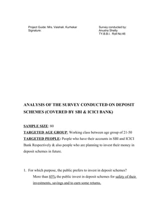 Project Guide: Mrs. Vaishali. Kurhekar Survey conducted by:
Signature: Anusha Shetty
TY.B.B.I. Roll No:46
ANALYSIS OF THE SURVEY CONDUCTED ON DEPOSIT
SCHEMES (COVERED BY SBI & ICICI BANK)
SAMPLE SIZE: 80
TARGETED AGE GROUP: Working class between age group of 21-50
TARGETED PEOPLE: People who have their accounts in SBI and ICICI
Bank Respectively & also people who are planning to invest their money in
deposit schemes in future.
1. For which purpose, the public prefers to invest in deposit schemes?
More than 85% the public invest in deposit schemes for safety of their
investments, savings and to earn some returns.
 