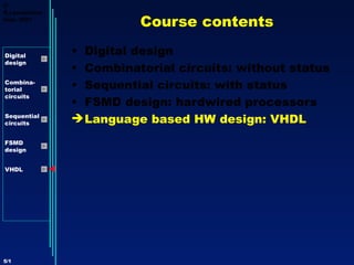 ©
R.Lauwereins
Imec 2001
                         Course contents

Digital
               • Digital design
design
               • Combinatorial circuits: without status
Combina-
torial         • Sequential circuits: with status
circuits
               • FSMD design: hardwired processors
Sequential
circuits        Language based HW design: VHDL
FSMD
design


VHDL




5/1
 