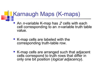 Karnaugh Maps (K-maps)
 An n-variable K-map has 2n
cells with each
cell corresponding to an n-variable truth table
value.
 K-map cells are labeled with the
corresponding truth-table row.
 K-map cells are arranged such that adjacent
cells correspond to truth rows that differ in
only one bit position (logical adjacency).
 