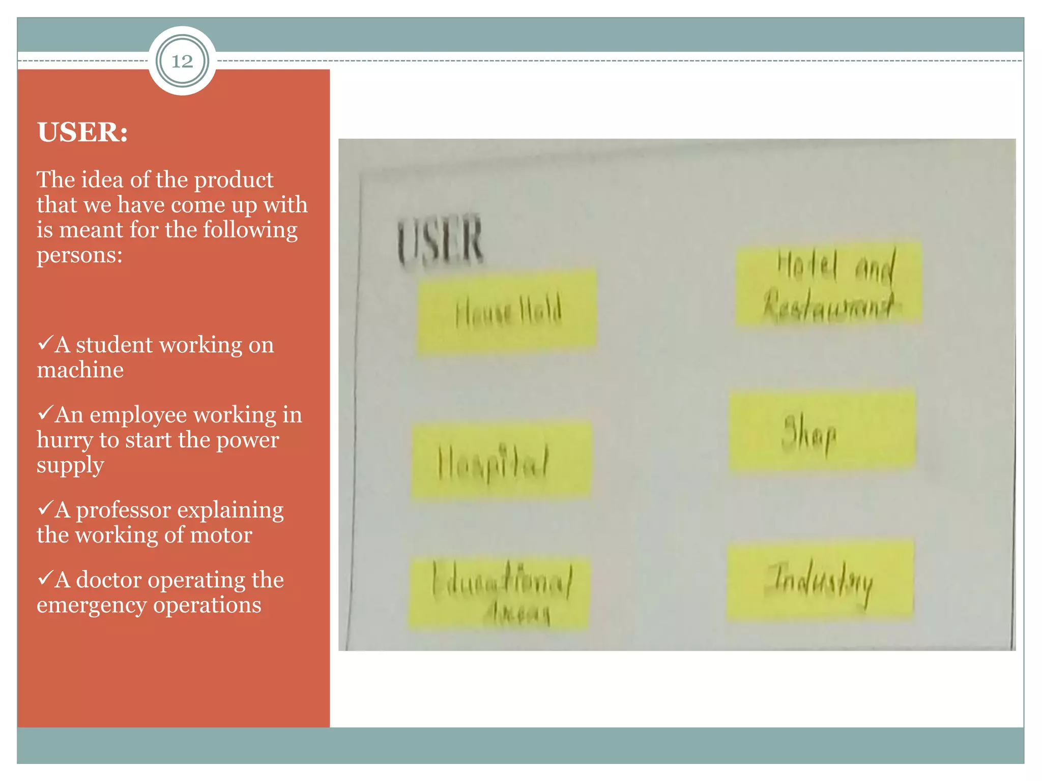 USER:
The idea of the product
that we have come up with
is meant for the following
persons:
A student working on
machine
An employee working in
hurry to start the power
supply
A professor explaining
the working of motor
A doctor operating the
emergency operations
12
 