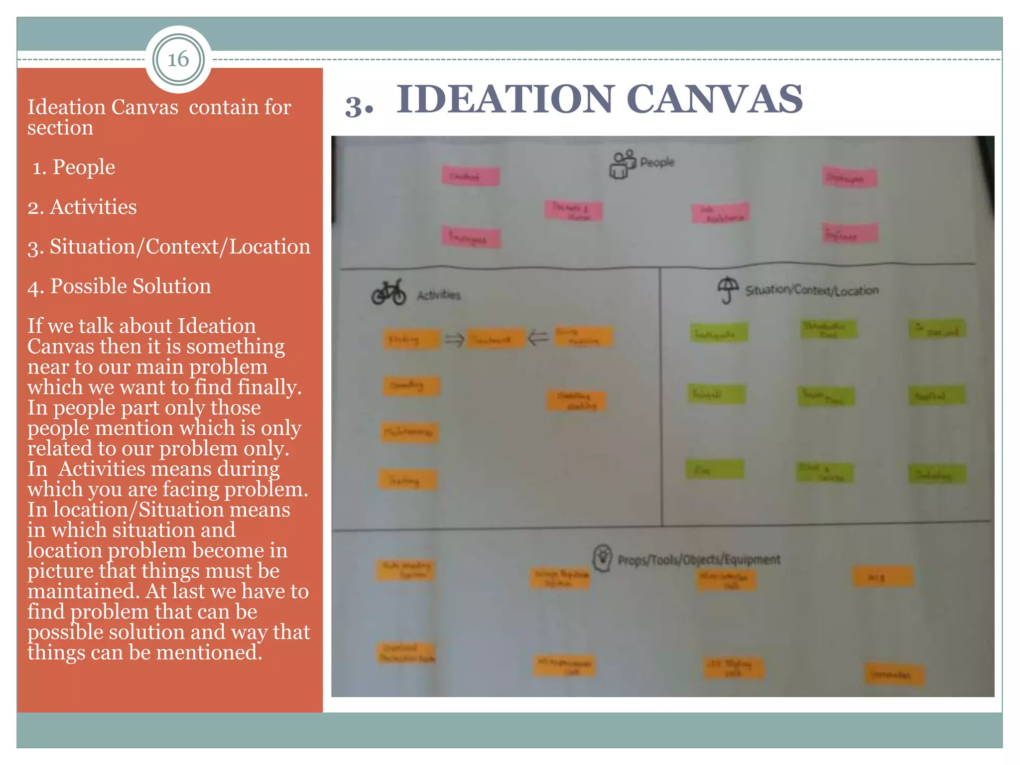 Ideation Canvas contain for
section
1. People
2. Activities
3. Situation/Context/Location
4. Possible Solution
If we talk about Ideation
Canvas then it is something
near to our main problem
which we want to find finally.
In people part only those
people mention which is only
related to our problem only.
In Activities means during
which you are facing problem.
In location/Situation means
in which situation and
location problem become in
picture that things must be
maintained. At last we have to
find problem that can be
possible solution and way that
things can be mentioned.
3. IDEATION CANVAS
16
 