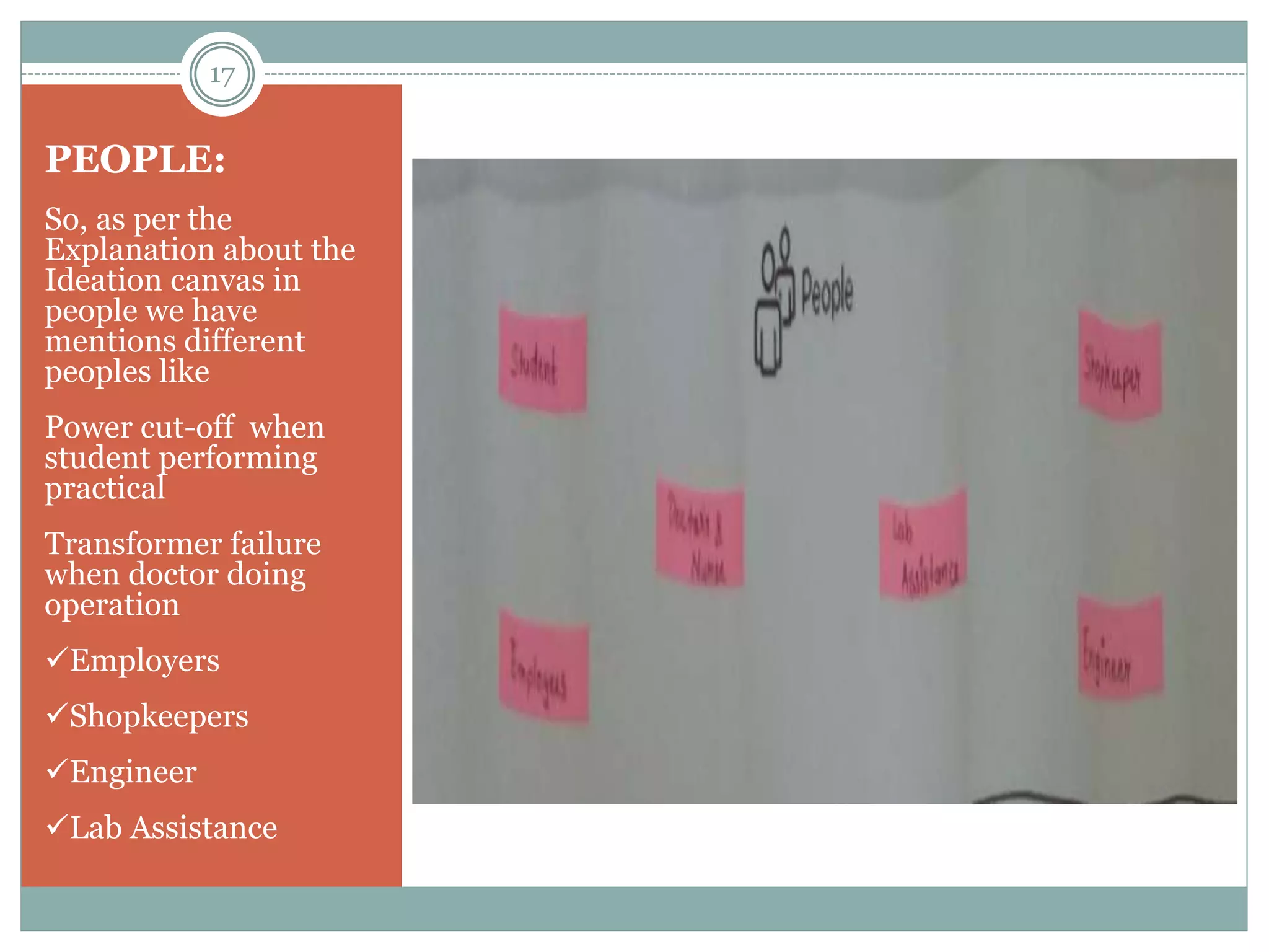PEOPLE:
So, as per the
Explanation about the
Ideation canvas in
people we have
mentions different
peoples like
Power cut-off when
student performing
practical
Transformer failure
when doctor doing
operation
Employers
Shopkeepers
Engineer
Lab Assistance
17
 