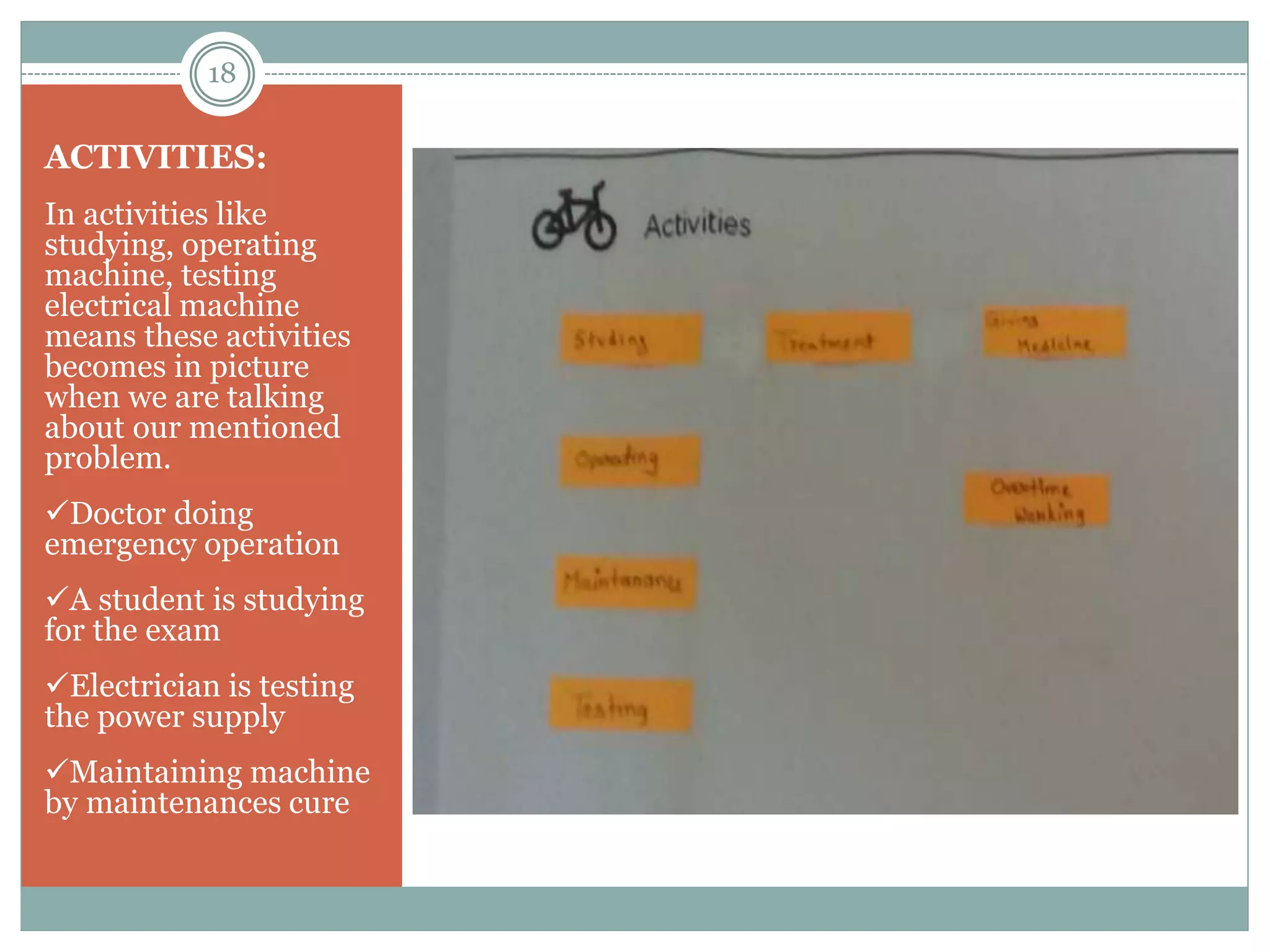 ACTIVITIES:
In activities like
studying, operating
machine, testing
electrical machine
means these activities
becomes in picture
when we are talking
about our mentioned
problem.
Doctor doing
emergency operation
A student is studying
for the exam
Electrician is testing
the power supply
Maintaining machine
by maintenances cure
18
 