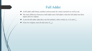 Full Adder
 A full adder adds binary numbers and accounts for values carried in as well as out.
 The main difference between a half-adder and a full-adder is that the full-adder has three
inputs and two outputs.
 A one-bit full adder adds three one-bit numbers, often written as A, B, and Cin.
 It has two outputs, sum (S) and carry (Cout).
 