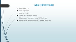 Analysing results
 No of inputs = 2
 No of outputs = 2
 Inputs are A , B.
 Outputs are Difference , Borrow.
 Difference can be obtained using XOR logic gate.
 Borrow can be obtained using NOT and AND logic gate.
 