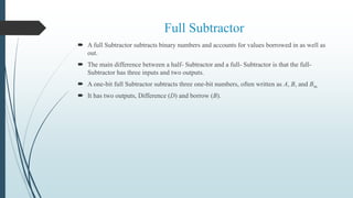 Full Subtractor
 A full Subtractor subtracts binary numbers and accounts for values borrowed in as well as
out.
 The main difference between a half- Subtractor and a full- Subtractor is that the full-
Subtractor has three inputs and two outputs.
 A one-bit full Subtractor subtracts three one-bit numbers, often written as A, B, and Bin.
 It has two outputs, Difference (D) and borrow (B).
 