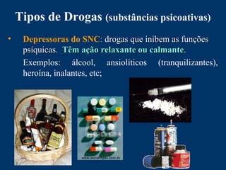 Tipos de Drogas (substâncias psicoativas)
• Depressoras do SNC: drogas que inibem as funçõesdrogas que inibem as funções
psíquicas.psíquicas. Têm ação relaxante ou calmanteTêm ação relaxante ou calmante..
Exemplos: álcool, ansiolíticos (tranquilizantes),
heroína, inalantes, etc;
 