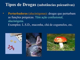 Tipos de Drogas (substâncias psicoativas)
• Perturbadoras (alucinógenas): drogas que perturbam
as funções psíquicas. Têm ação confusional,
alucinógena.
Exemplos: L.S.D., maconha, chá de cogumelos, etc.
 