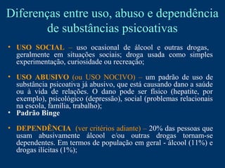 Diferenças entre uso, abuso e dependência
de substâncias psicoativas
• USO SOCIAL – uso ocasional de álcool e outras drogas,
geralmente em situações sociais; droga usada como simples
experimentação, curiosidade ou recreação;
• USO ABUSIVO (ou USO NOCIVO) – um padrão de uso de
substância psicoativa já abusivo, que está causando dano a saúde
ou à vida de relações. O dano pode ser físico (hepatite, por
exemplo), psicológico (depressão), social (problemas relacionais
na escola, família, trabalho);
• Padrão Binge
• DEPENDÊNCIA (ver critérios adiante) – 20% das pessoas que
usam abusivamente álcool e/ou outras drogas tornam-se
dependentes. Em termos de população em geral - álcool (11%) e
drogas ilícitas (1%);
 