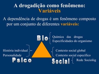 A drogadição como fenômeno:
Variáveis
A dependência de drogas é um fenômeno composto
por um conjunto de diferentes variáveis:
Química das drogas
Especificidades do organismo
História individual Contexto social global
Personalidade Contexto social específico
Rede Sociológ
 