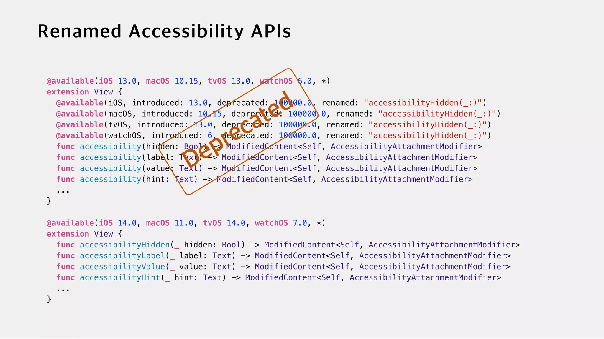 @available(iOS 13.0, macOS 10.15, tvOS 13.0, watchOS 6.0, *)


extension View {


@available(iOS, introduced: 13.0, deprecated: 100000.0, renamed: "accessibilityHidden(_:)")


@available(macOS, introduced: 10.15, deprecated: 100000.0, renamed: "accessibilityHidden(_:)")


@available(tvOS, introduced: 13.0, deprecated: 100000.0, renamed: "accessibilityHidden(_:)")


@available(watchOS, introduced: 6, deprecated: 100000.0, renamed: "accessibilityHidden(_:)")


func accessibility(hidden: Bool) -> ModifiedContent<Self, AccessibilityAttachmentModifier>


func accessibility(label: Text) -> ModifiedContent<Self, AccessibilityAttachmentModifier>


func accessibility(value: Text) -> ModifiedContent<Self, AccessibilityAttachmentModifier>


func accessibility(hint: Text) -> ModifiedContent<Self, AccessibilityAttachmentModifier>


...


}


@available(iOS 14.0, macOS 11.0, tvOS 14.0, watchOS 7.0, *)


extension View {


func accessibilityHidden(_ hidden: Bool) -> ModifiedContent<Self, AccessibilityAttachmentModifier>


func accessibilityLabel(_ label: Text) -> ModifiedContent<Self, AccessibilityAttachmentModifier>


func accessibilityValue(_ value: Text) -> ModifiedContent<Self, AccessibilityAttachmentModifier>


func accessibilityHint(_ hint: Text) -> ModifiedContent<Self, AccessibilityAttachmentModifier>


...


}
 