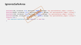 @available(iOS, introduced: 13.0, deprecated: 100000.0, message: "Use ignoresSafeArea(_:edges:) instead.")


@available(macOS, introduced: 10.15, deprecated: 100000.0, message: "Use ignoresSafeArea(_:edges:) instead.")


@available(tvOS, introduced: 13.0, deprecated: 100000.0, message: "Use ignoresSafeArea(_:edges:) instead.")


@available(watchOS, introduced: 6.0, deprecated: 100000.0, message: "Use ignoresSafeArea(_:edges:) instead.")


extension View {


func edgesIgnoringSafeArea(_ edges: Edge.Set) -> some View


}


 