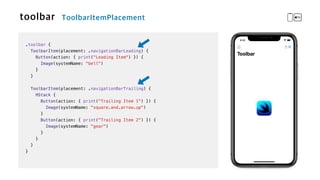 .toolbar {


ToolbarItem(placement: .navigationBarLeading) {


Button(action: { print("Leading Item") }) {


Image(systemName: "bell")


}


}


ToolbarItem(placement: .navigationBarTrailing) {


HStack {


Button(action: { print("Trailing Item 1") }) {


Image(systemName: "square.and.arrow.up")


}


Button(action: { print("Trailing Item 2") }) {


Image(systemName: "gear")


}


}


}


}
 