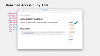 @available(iOS 13.0, macOS 10.15, tvOS 13.0, watchOS 6.0, *)


extension View {


@available(iOS, introduced: 13.0, deprecated: 100000.0, renamed: "accessibilityHidden(_:)")


@available(macOS, introduced: 10.15, deprecated: 100000.0, renamed: "accessibilityHidden(_:)")


@available(tvOS, introduced: 13.0, deprecated: 100000.0, renamed: "accessibilityHidden(_:)")


@available(watchOS, introduced: 6, deprecated: 100000.0, renamed: "accessibilityHidden(_:)")


func accessibility(hidden: Bool) -> ModifiedContent<Self, AccessibilityAttachmentModifier>


func accessibility(label: Text) -> ModifiedContent<Self, AccessibilityAttachmentModifier>


func accessibility(value: Text) -> ModifiedContent<Self, AccessibilityAttachmentModifier>


func accessibility(hint: Text) -> ModifiedContent<Self, AccessibilityAttachmentModifier>


...


}


 