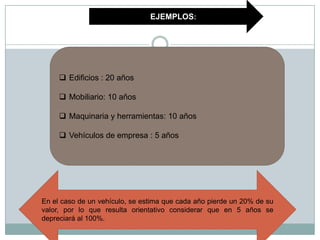  Edificios : 20 años
 Mobiliario: 10 años
 Maquinaria y herramientas: 10 años
 Vehículos de empresa : 5 años
EJEMPLOS:
En el caso de un vehículo, se estima que cada año pierde un 20% de su
valor, por lo que resulta orientativo considerar que en 5 años se
depreciará al 100%.
 