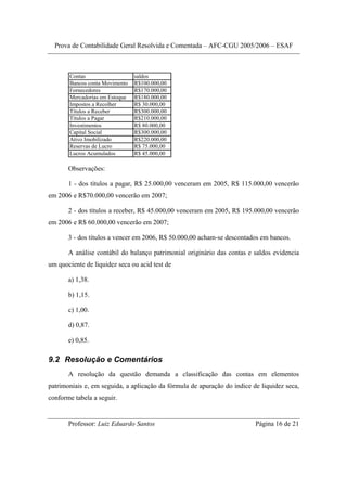 Prova de Contabilidade Geral Resolvida e Comentada – AFC-CGU 2005/2006 – ESAF



       Contas                   saldos
       Bancos conta Movimento   R$100.000,00
       Fornecedores             R$170.000,00
       Mercadorias em Estoque   R$180.000,00
       Impostos a Recolher      R$ 30.000,00
       Títulos a Receber        R$300.000,00
       Títulos a Pagar          R$210.000,00
       Investimentos            R$ 80.000,00
       Capital Social           R$300.000,00
       Ativo Imobilizado        R$220.000,00
       Reservas de Lucro        R$ 75.000,00
       Lucros Acumulados        R$ 45.000,00

       Observações:

       1 - dos títulos a pagar, R$ 25.000,00 venceram em 2005, R$ 115.000,00 vencerão
em 2006 e R$70.000,00 vencerão em 2007;

       2 - dos títulos a receber, R$ 45.000,00 venceram em 2005, R$ 195.000,00 vencerão
em 2006 e R$ 60.000,00 vencerão em 2007;

       3 - dos títulos a vencer em 2006, R$ 50.000,00 acham-se descontados em bancos.

       A análise contábil do balanço patrimonial originário das contas e saldos evidencia
um quociente de liquidez seca ou acid test de

       a) 1,38.

       b) 1,15.

       c) 1,00.

       d) 0,87.

       e) 0,85.

9.2 Resolução e Comentários
       A resolução da questão demanda a classificação das contas em elementos
patrimoniais e, em seguida, a aplicação da fórmula de apuração do índice de liquidez seca,
conforme tabela a seguir.


       Professor: Luiz Eduardo Santos                                     Página 16 de 21
 