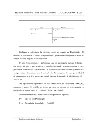 Prova de Contabilidade Geral Resolvida e Comentada – AFC-CGU 2005/2006 – ESAF




                                        Ativo                                  Passivo
                      Bens e Direitos           ...            Obrigações                ...

                       Veículos                   15.000,00

                                          ------------------------------------------- Patrimônio Líquido
                                                                 Capital                    ...




       Conhecido o patrimônio da empresa, vamos ao conceito de Depreciação.                                      O
conceito de depreciação é, técnica e rigorosamente, apresentado como perda do valor de
um bem por uso, desgaste ou obsolescência.

       De uma forma simples, (1) partimos da vida útil da máquina (período de tempo –
em número de anos – que, se espera, a máquina funcione) e consideramos que o valor
patrimonial será reduzido, de forma linear, no percentual calculado quociente (1/vida útil) –
esse percentual é denominado taxa de depreciação. No caso, como foi dado que a vida útil
do equipamento seria de 5 anos, o percentual (taxa de depreciação) é calculado em 1/5 =
20% ao ano.

       Ora, aplicando-se o percentual de 20% sobre o valor do Veículo (R$ 15.000,00),
apuramos o quanto foi perdido, em termos de valor patrimonial, por uso, desgaste ou
obsolescência durante o ano: R$ 15.000,00 * 20% = R$ 3.000,00.

       O lançamento relativo à depreciação acima apurada é o seguinte:

       D=     Despesa com Depreciação

       C = a Depreciação Acumulada                    3.000,00




       Professor: Luiz Eduardo Santos                                                                Página 3 de 21
 