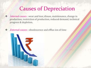 Causes of Depreciation 
 .Internal causes : wear and tear, disuse, maintenance, change in 
production, restriction of production, reduced demand, technical 
progress & depletion. 
 .External causes : obsolescence and efflux ion of time 
 