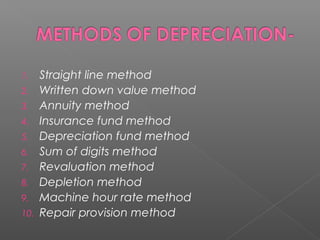 1. Straight line method 
2. Written down value method 
3. Annuity method 
4. Insurance fund method 
5. Depreciation fund method 
6. Sum of digits method 
7. Revaluation method 
8. Depletion method 
9. Machine hour rate method 
10. Repair provision method 
 