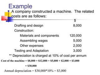 Example
 A company constructed a machine. The related
costs are as follows:
$
Drafting and design 8,000
Construction:
Materials and components 120,000
Assembling wages 5,000
Other expenses 2,000
Testing and Adaptation 3,000
Cost of the machine = $8,000 + $12,000 + $5,000 + $2,000 + $3,000
= $30,000
** Depreciation is charged at 10% of cost per annum
Annual depreciation = $30,000*10% = $3,000
 