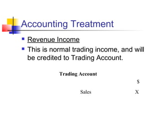 Accounting Treatment
 Revenue Income
 This is normal trading income, and will
be credited to Trading Account.
Trading Account
$
Sales X
 