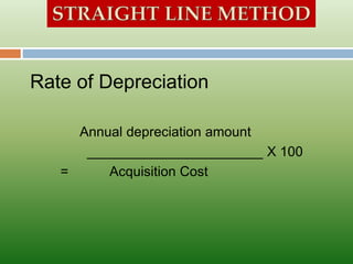 Rate of Depreciation
Annual depreciation amount
_______________________ X 100
= Acquisition Cost
 