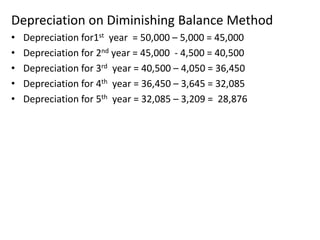 Depreciation on Diminishing Balance Method
• Depreciation for1st year = 50,000 – 5,000 = 45,000
• Depreciation for 2nd year = 45,000 - 4,500 = 40,500
• Depreciation for 3rd year = 40,500 – 4,050 = 36,450
• Depreciation for 4th year = 36,450 – 3,645 = 32,085
• Depreciation for 5th year = 32,085 – 3,209 = 28,876
 
