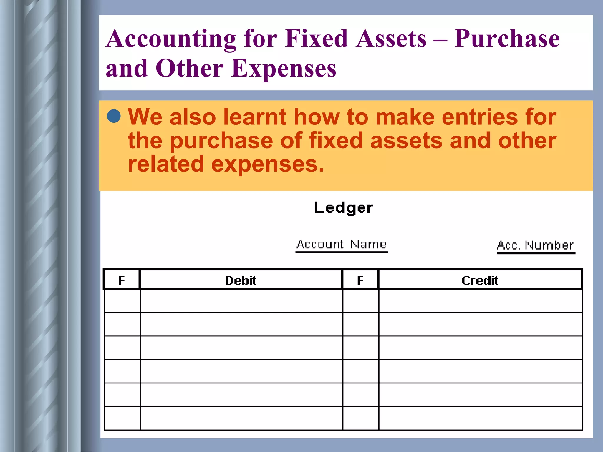 Accounting for Fixed Assets – Purchase and Other Expenses We also learnt how to make entries for the purchase of fixed assets and other related expenses. 