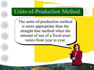 The units-of-production method is more appropriate than the straight-line method when the amount of use of a fixed asset varies from year to year. Units-of-Production Method 