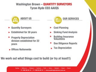Washington Brown – QUANTITY SURVEYORS
Tyron Hyde CEO AAIQS
Quantity Surveyors
Established for 30 years
Property Depreciation
division established for 22
years
Offices Nationwide
Cost Planning
Sinking Fund Analysis
Building Insurance
Valuations
Due Diligence Reports
Tax Depreciation
We work out what things cost to build (or try at least!!)
 