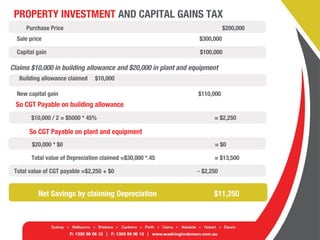 PROPERTY INVESTMENT AND CAPITAL GAINS TAX
Purchase Price $200,000
Sale price $300,000
Capital gain $100,000
Claims $10,000 in building allowance and $20,000 in plant and equipment
Building allowance claimed $10,000
New capital gain $110,000
So CGT Payable on building allowance
$10,000 / 2 = $5000 * 45% = $2,250
So CGT Payable on plant and equipment
$20,000 * $0 = $0
Total value of Depreciation claimed =$30,000 *.45 = $13,500
Total value of CGT payable =$2,250 + $0 - $2,250
Net Savings by claiming Depreciation $11,250
 
