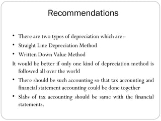 Recommendations
• There are two types of depreciation which are:• Straight Line Depreciation Method
• Written Down Value Method
It would be better if only one kind of depreciation method is
followed all over the world
• There should be such accounting so that tax accounting and
financial statement accounting could be done together
• Slabs of tax accounting should be same with the financial
statements.

 