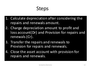 Steps
1. Calculate depreciation after considering the
repairs and renewals amount.
2. Charge depreciation amount to profit and
loss account(Dr) and Provision for repairs and
renewals (Cr).
3. Transfer the repairs and renewals to
Provision for repairs and renewals.
4. Close the asset account with provision for
repairs and renewals.
Sambattina Rambabu 32
 