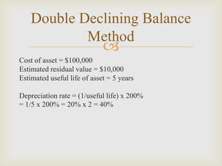 
Cost of asset = $100,000
Estimated residual value = $10,000
Estimated useful life of asset = 5 years
Depreciation rate = (1/useful life) x 200%
= 1/5 x 200% = 20% x 2 = 40%
Double Declining Balance
Method
 